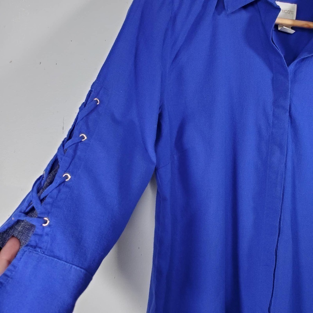 Chico's Lace Up 3/4 Length Sleeve Button Up Collared Blouse Blue Size Small - Picture 2 of 10